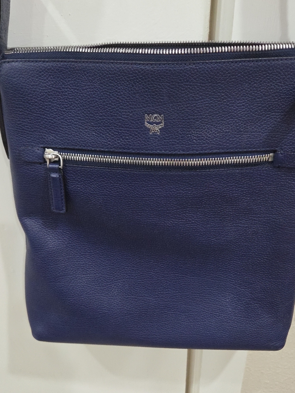 MCM Navy Leather Messenger Bag with Silver Hardware